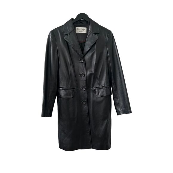 Vintage Leather Genuine Leather Long Long Coat Button Closure Black Women’s Size - Picture 1 of 9